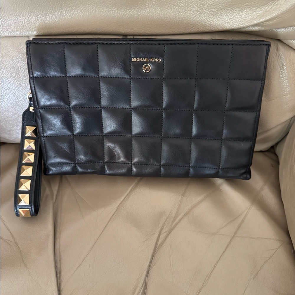 Michael Kors Black Quilted Wristlet with Gold Accents